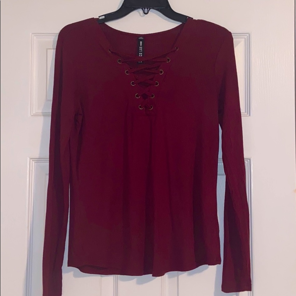Crisscross Maroon Rib-knit Slim Long Sleeve Shirt